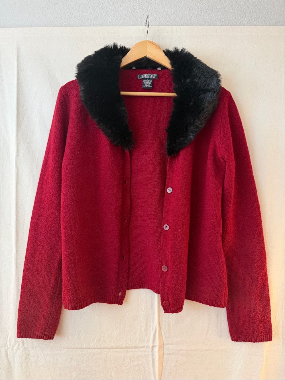 Vintage Harold's Red Cardigan with Black Faux-Fur Removable Collar